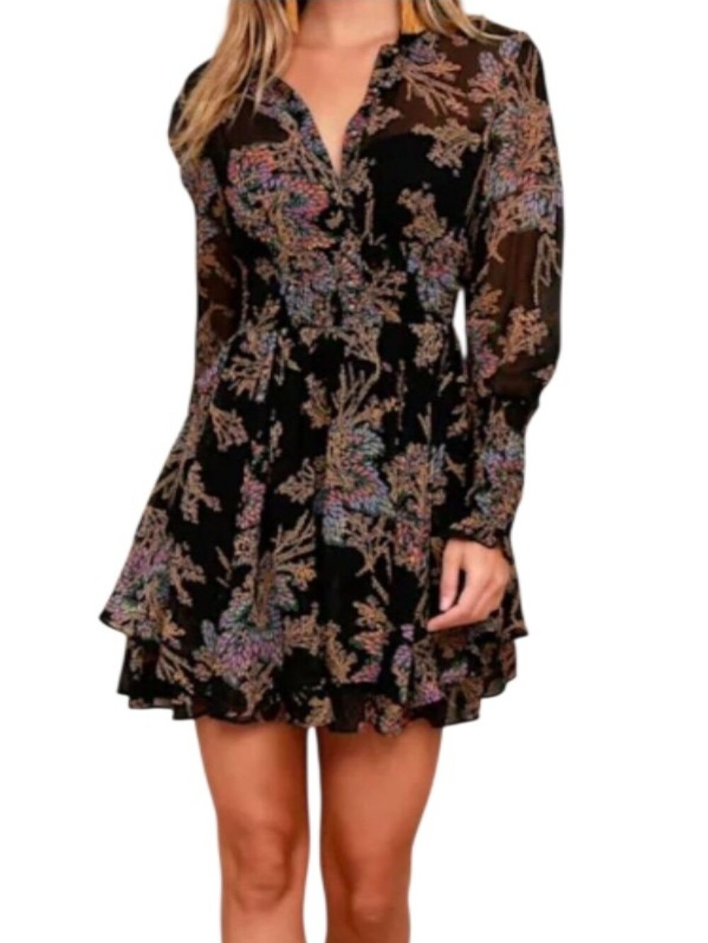 Free People Ruffed Black Combo Floral Smocked Long Sleeve Mini Dress